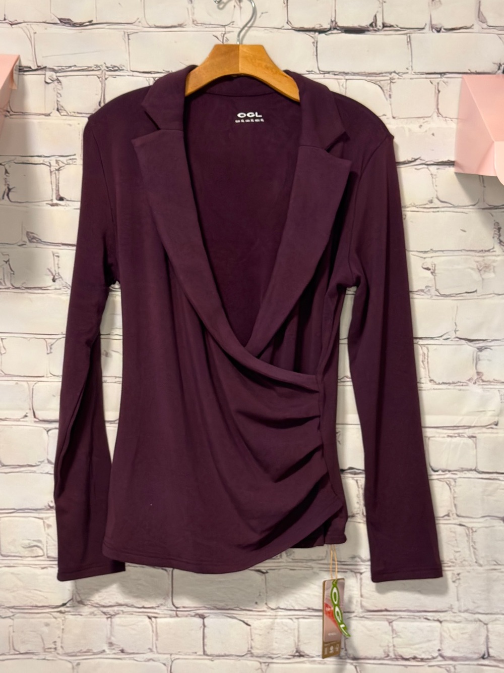 OGLmove Eco Mousse Collared Surplice Faux Wrap Ruched Waist Long Sleeve Dark Fig - Picture 3 of 11